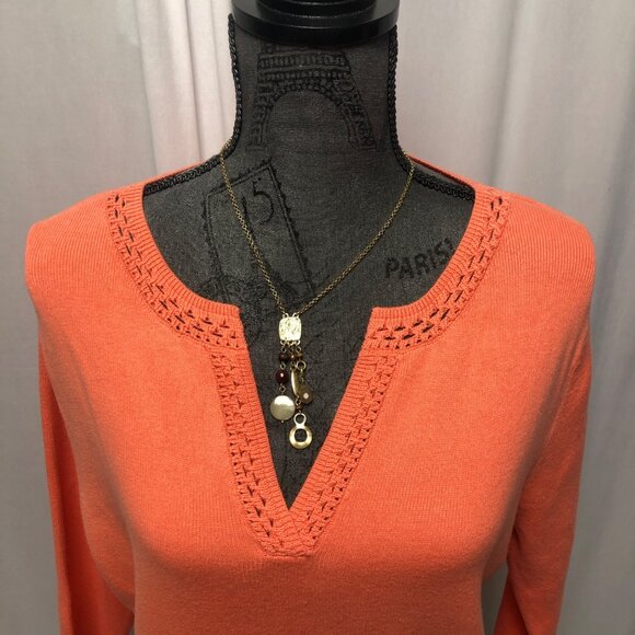 Fieldgear Sweater Womens Size Large Coral Orange Crochet-Trim V Neck Cotton NEW - Picture 2 of 9